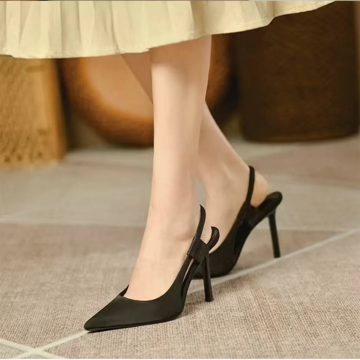 ikearlax Women's Stiletto Heels  Autumn New Satin Blue Pointed Toe Pumps Back Strap One-Suit Skirt Women's Closed Toe Sandals