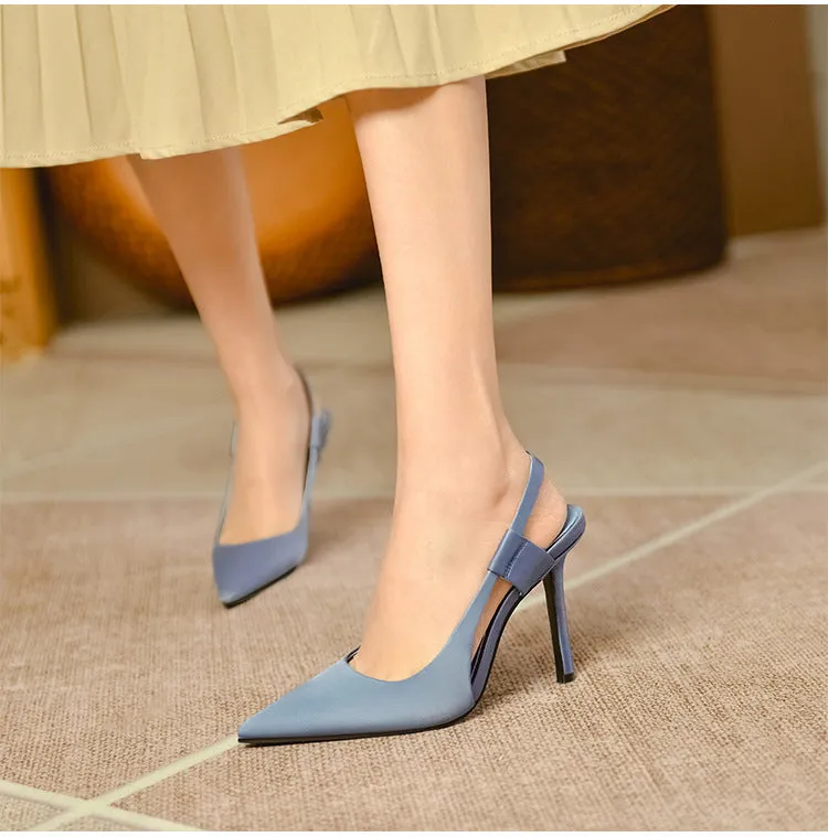 ikearlax Women's Stiletto Heels  Autumn New Satin Blue Pointed Toe Pumps Back Strap One-Suit Skirt Women's Closed Toe Sandals