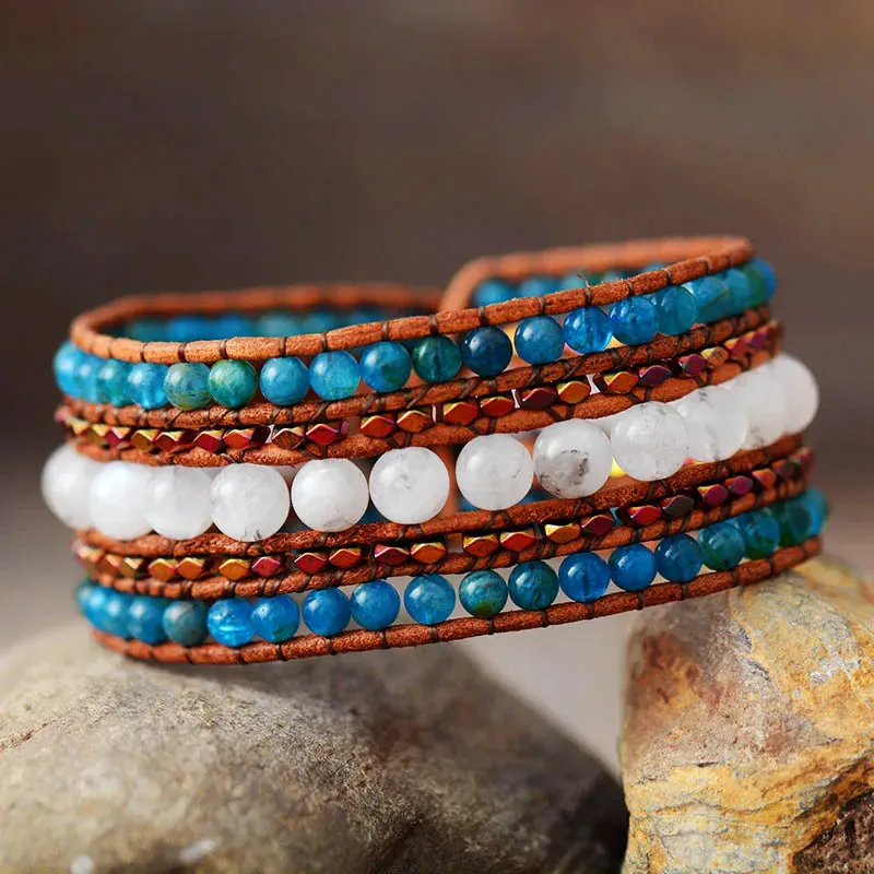 Luxury Leather Wrap Bracelet with Natural Moonstone