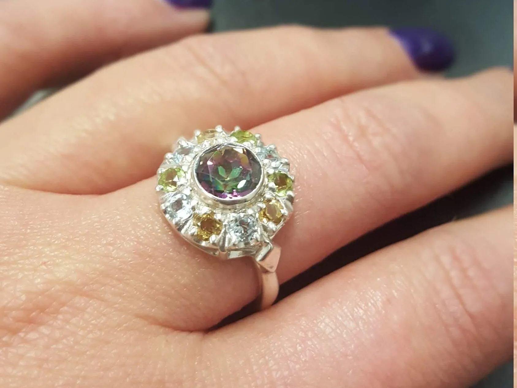 Mystic Topaz Ring - Colorful Flower Ring - Multistone Silver Ring