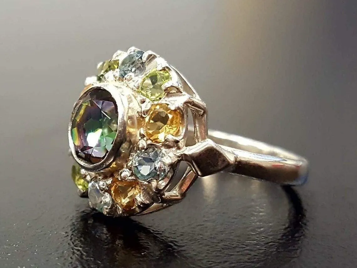 Mystic Topaz Ring - Colorful Flower Ring - Multistone Silver Ring