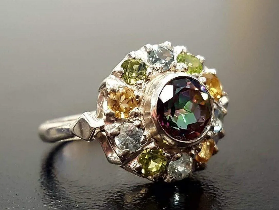 Mystic Topaz Ring - Colorful Flower Ring - Multistone Silver Ring