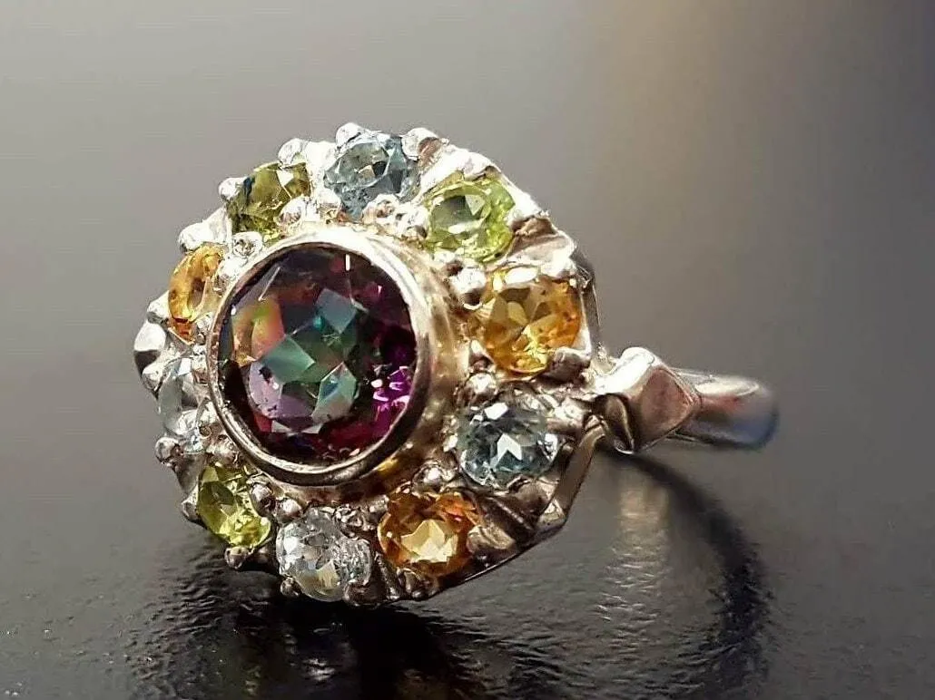 Mystic Topaz Ring - Colorful Flower Ring - Multistone Silver Ring