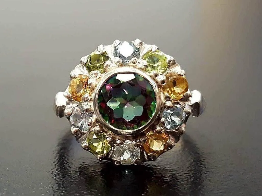 Mystic Topaz Ring - Colorful Flower Ring - Multistone Silver Ring