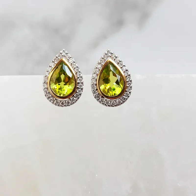 Natural Pear Cut Peridot Halo Statement Studs For Women - 925 Sterling Silver Earrings