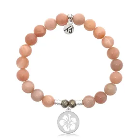 Peach Moonstone Stone Bracelet with Hibiscus Silver Charm