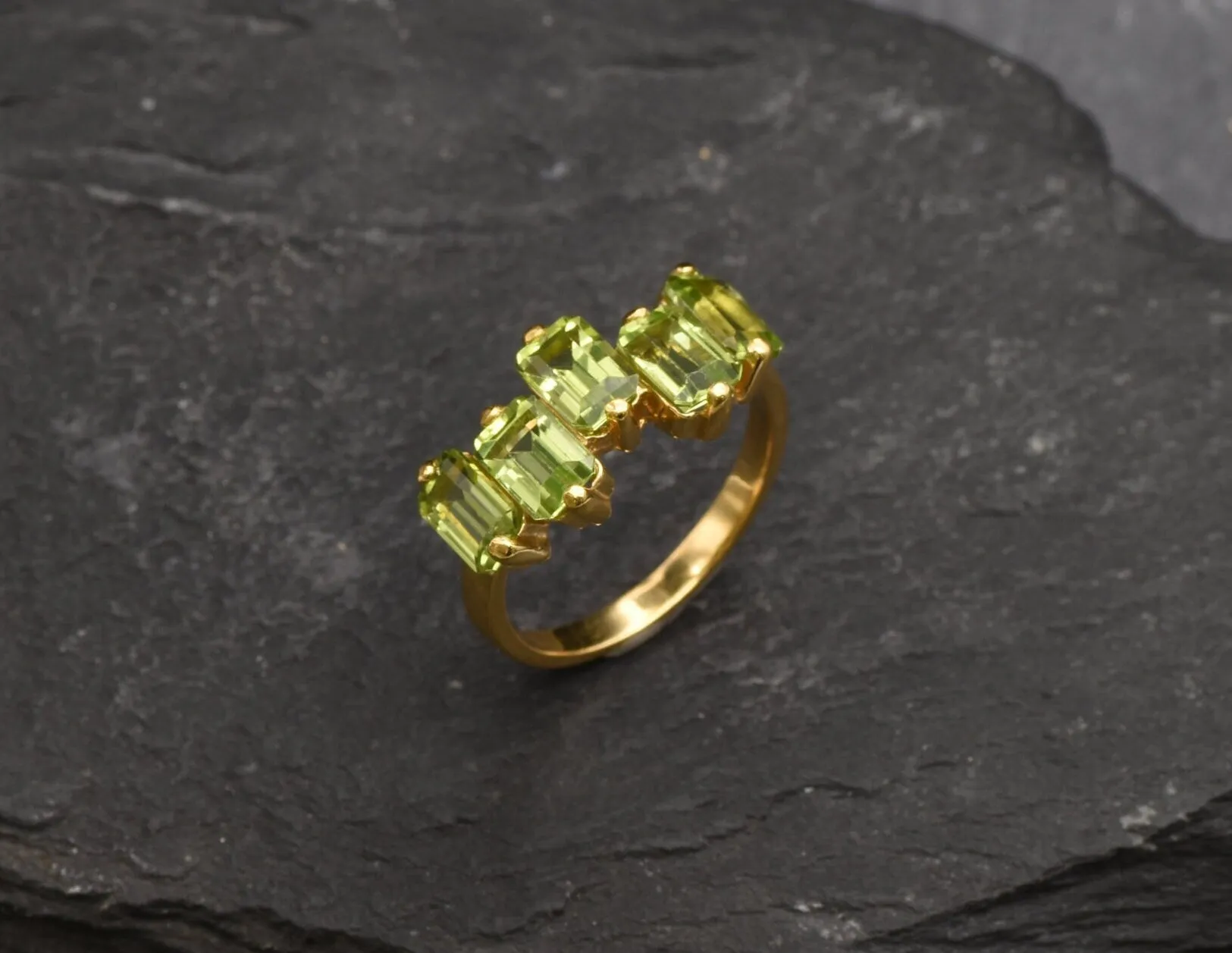 Peridot Baguette Gold Ring - Asymmetric Band, Natural Peridot Ring, Emerald Cut Ring
