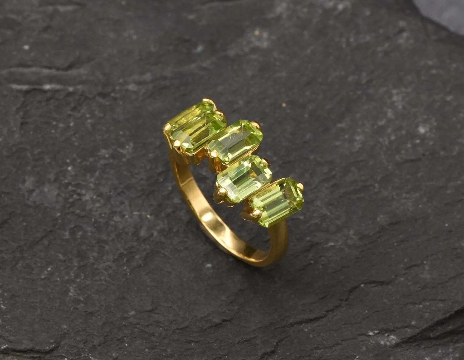 Peridot Baguette Gold Ring - Asymmetric Band, Natural Peridot Ring, Emerald Cut Ring