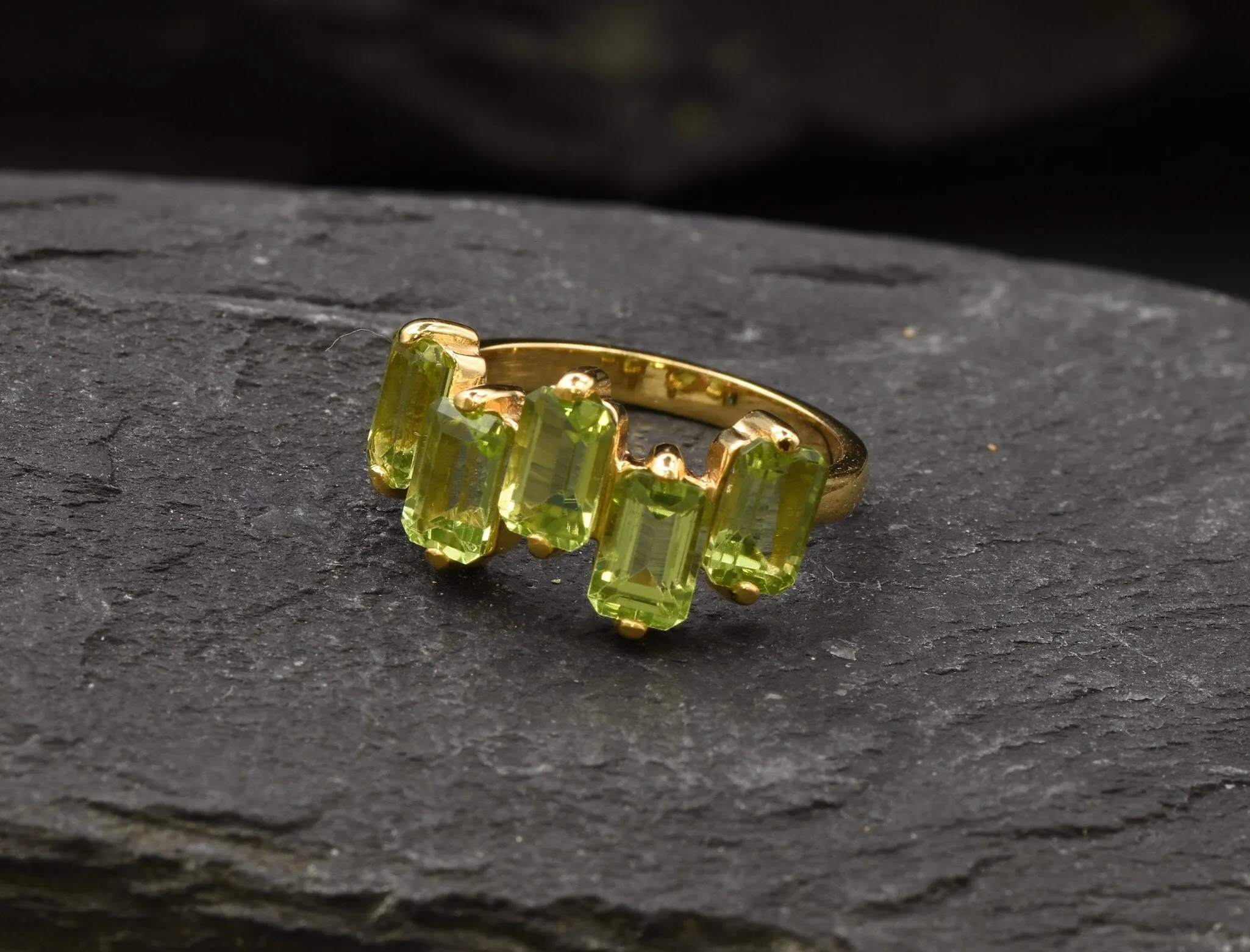 Peridot Baguette Gold Ring - Asymmetric Band, Natural Peridot Ring, Emerald Cut Ring