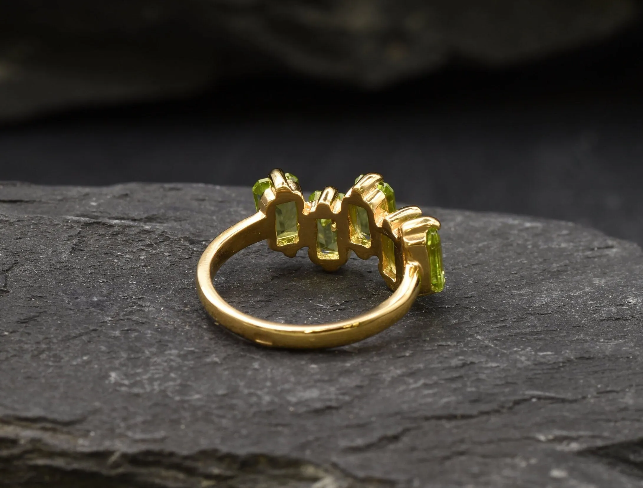 Peridot Baguette Gold Ring - Asymmetric Band, Natural Peridot Ring, Emerald Cut Ring