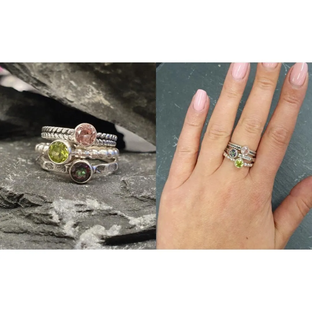 Peridot Ring - Green Solitaire Ring - Silver Bubble Band