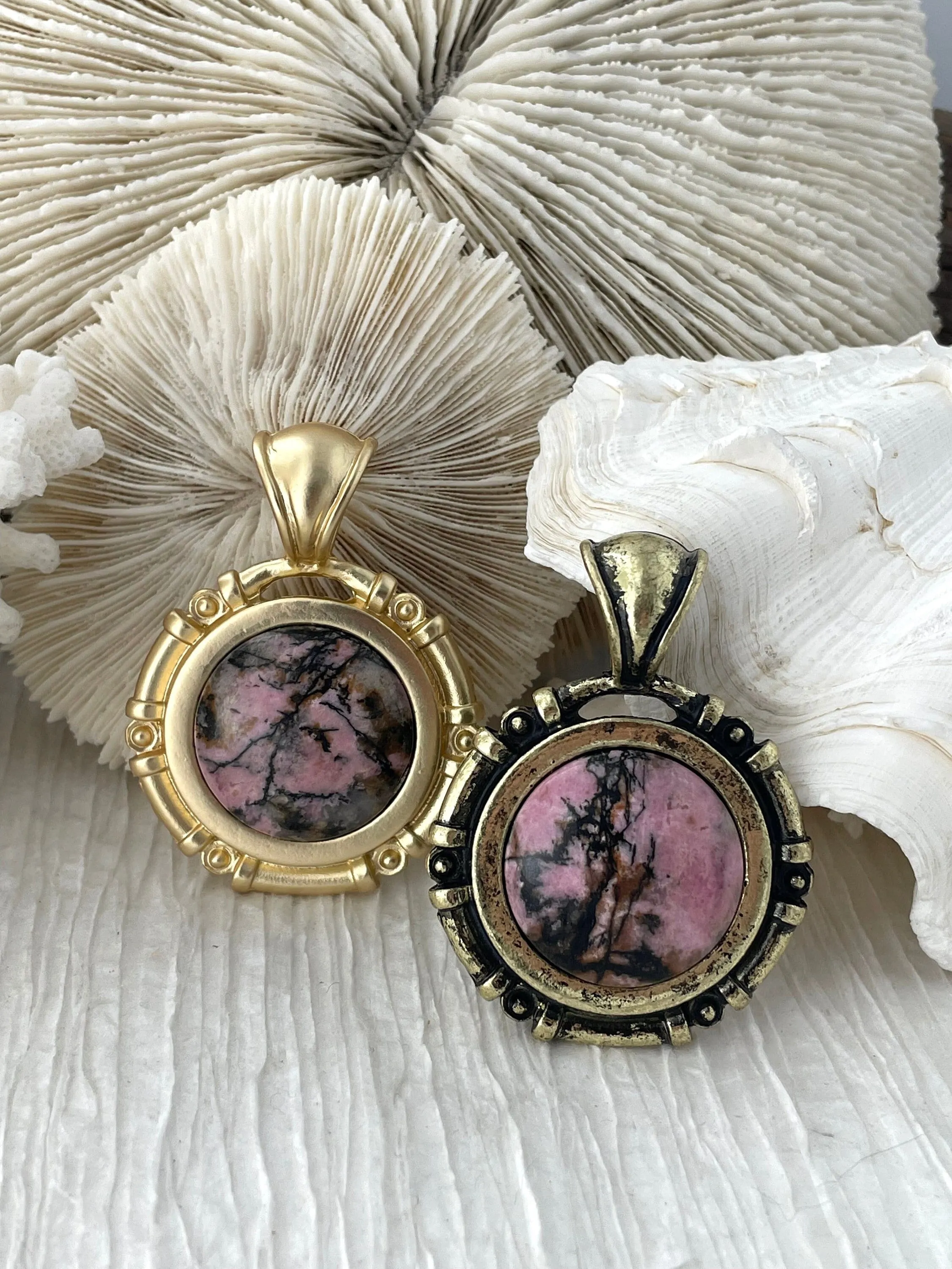 Pink Rhodonite Stone Pendant with Bezel, Natural Stone Pendant, Semi precious Pendant in a variety of patterns, 3 bezel colors, Fast Ship