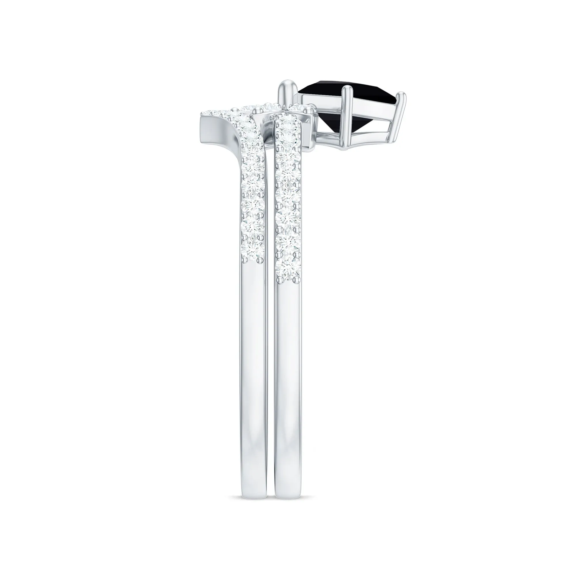 Princess Cut Black Spinel and Diamond Flower Ring Set