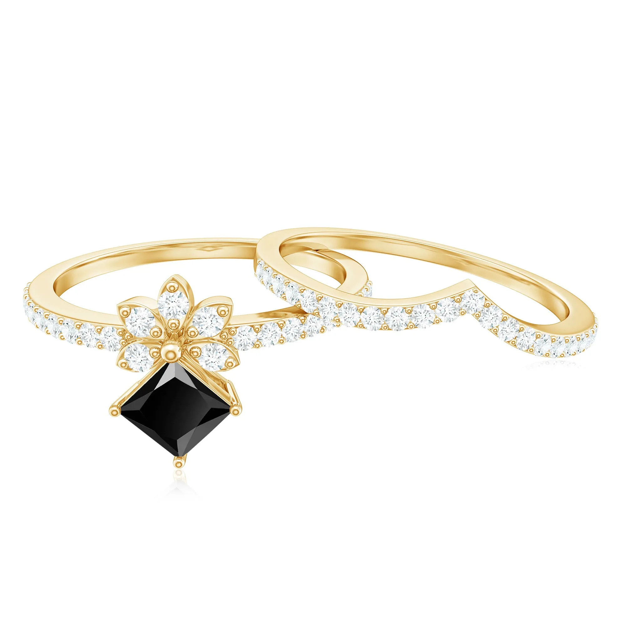 Princess Cut Black Spinel and Diamond Flower Ring Set