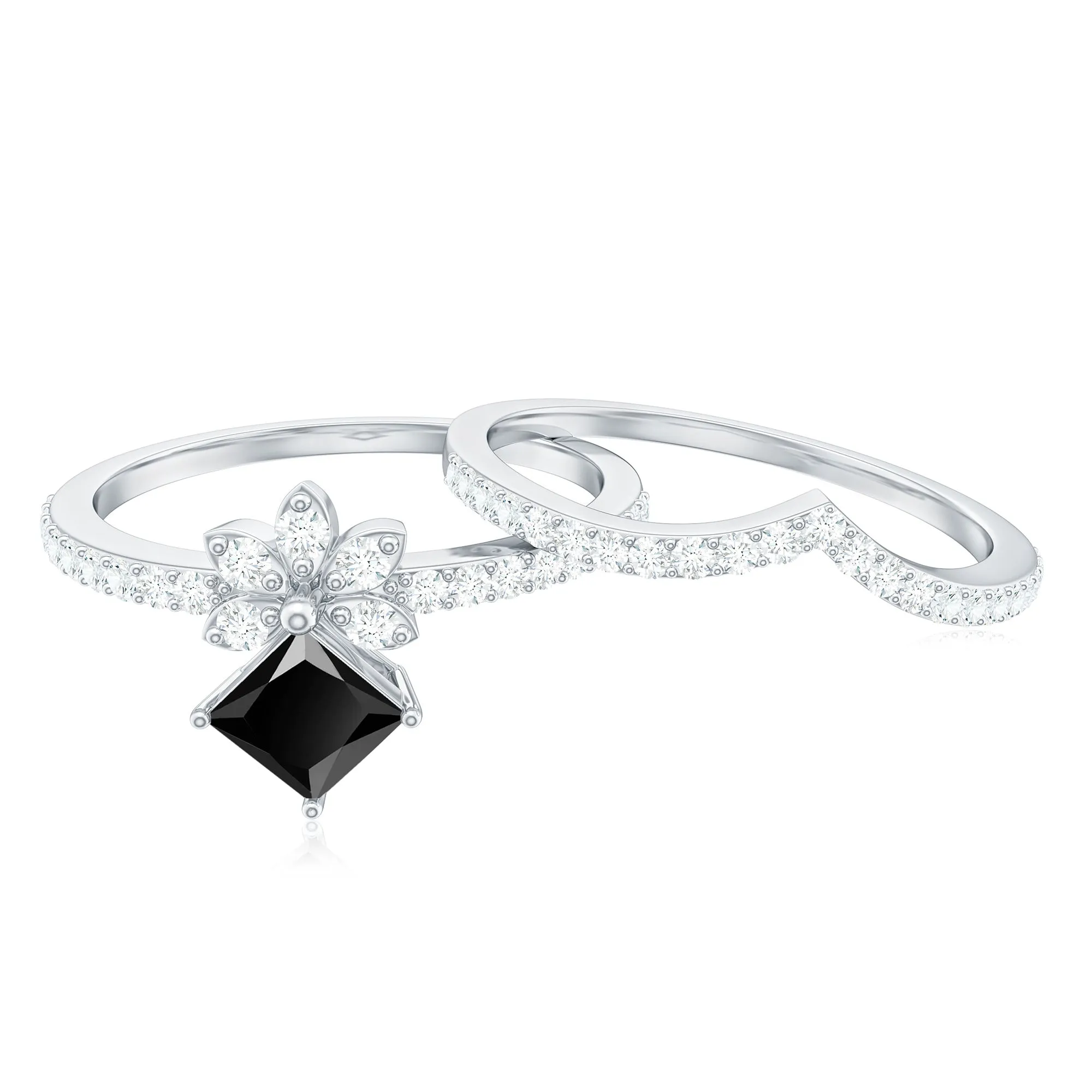 Princess Cut Black Spinel and Diamond Flower Ring Set