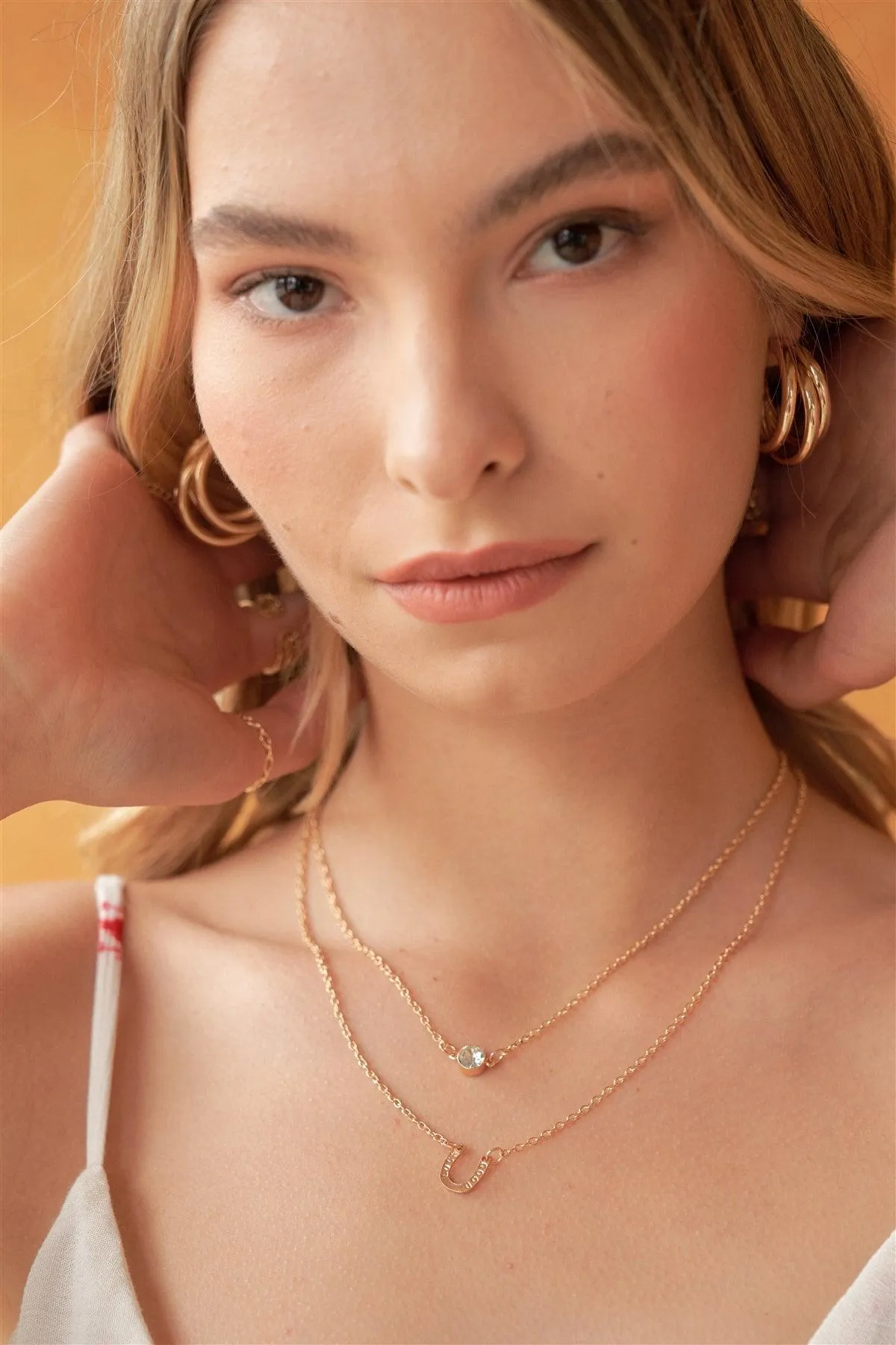 "Good Luck" Gold Layered Faux Diamond Horseshoe Necklace