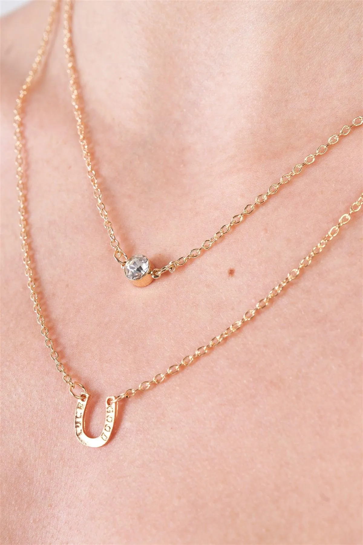 "Good Luck" Gold Layered Faux Diamond Horseshoe Necklace