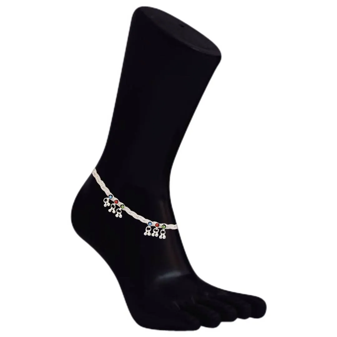 Rope Designed Brass Silver with Multi Color Stone Anklets