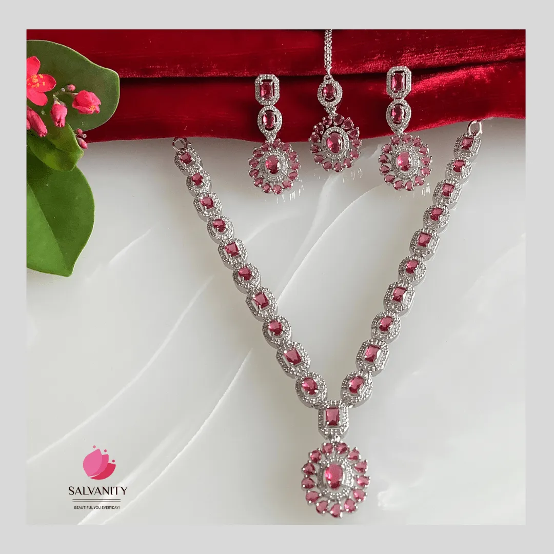 Salvanity American Diamond Ovals & Cubes Necklace Combo