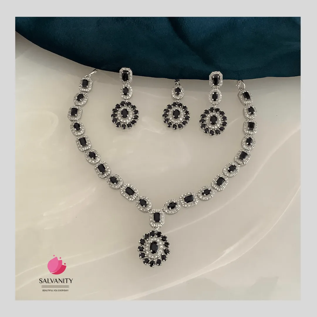 Salvanity American Diamond Ovals & Cubes Necklace Combo