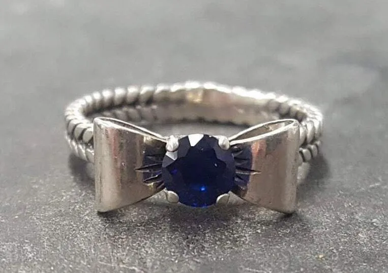 Sapphire Silver Ring - Blue Ribbon Ring - Bow Silver Ring