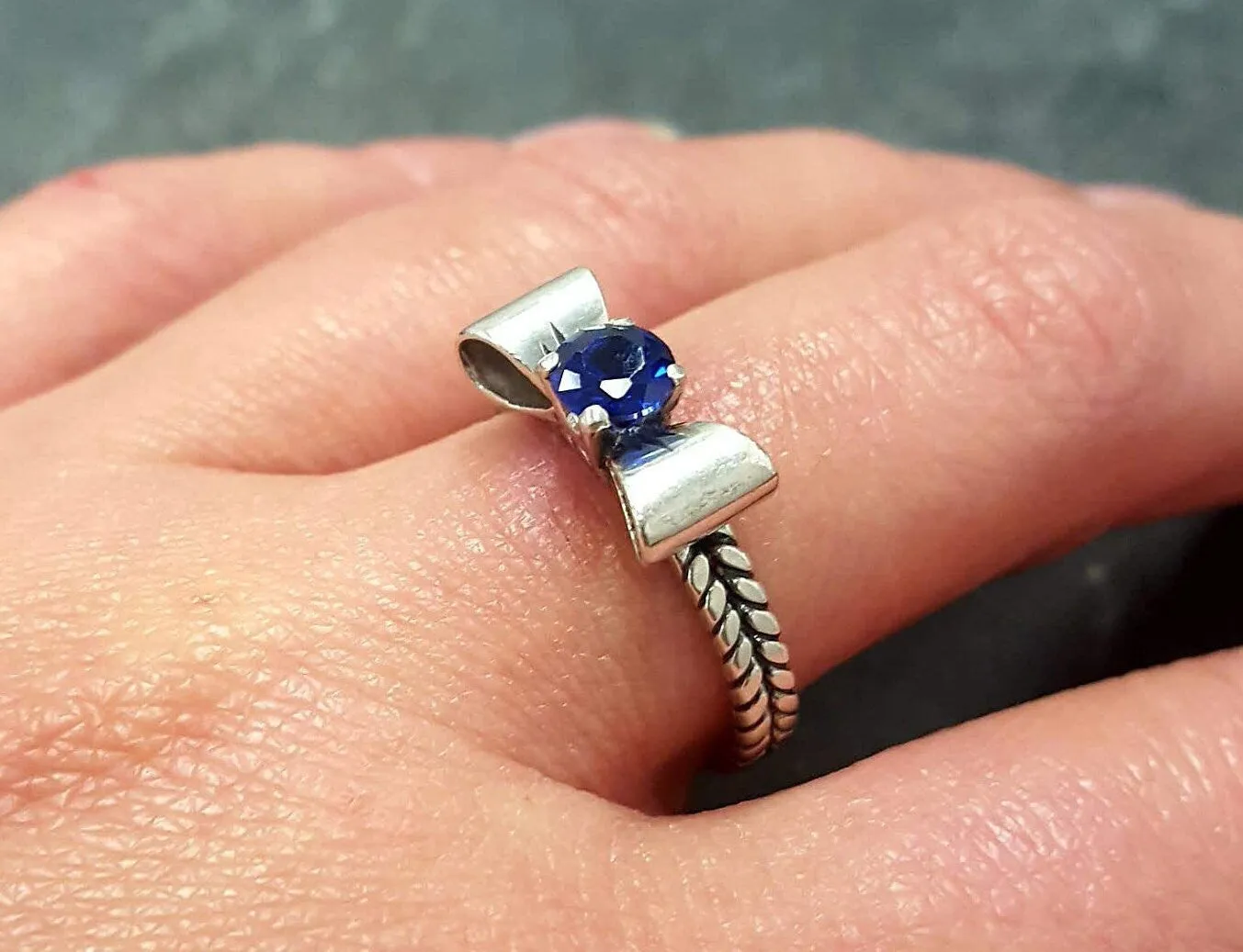 Sapphire Silver Ring - Blue Ribbon Ring - Bow Silver Ring