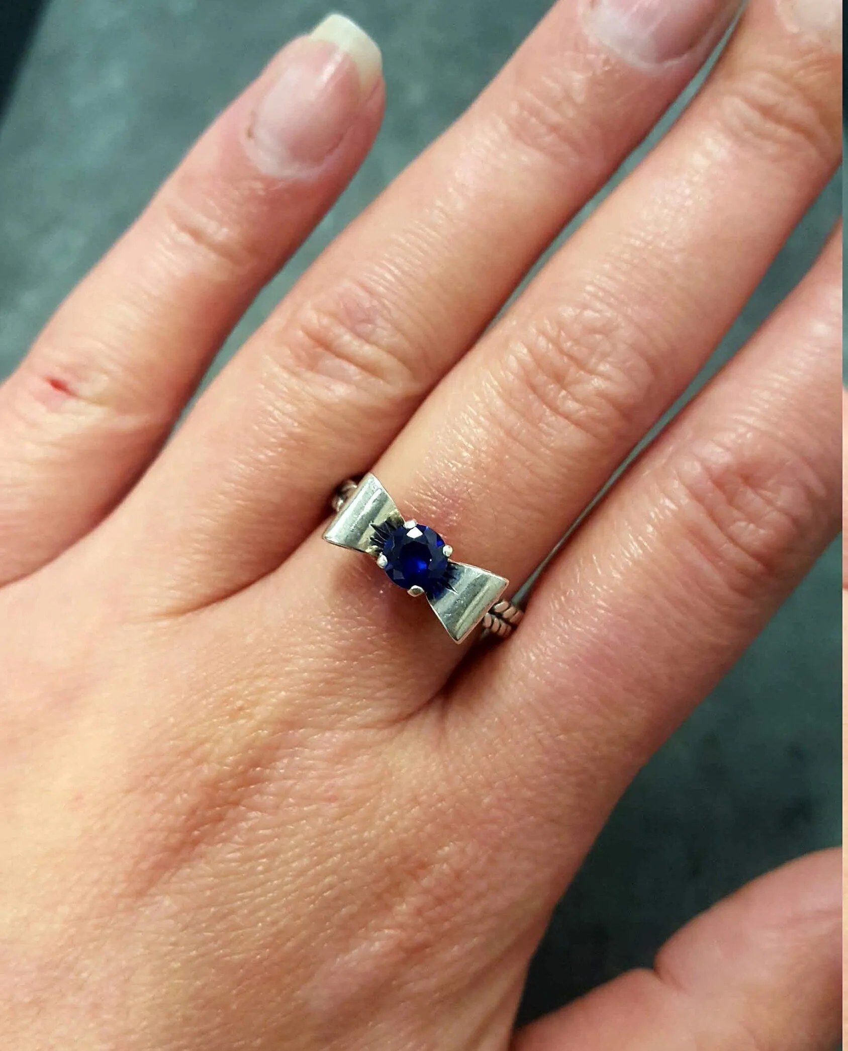 Sapphire Silver Ring - Blue Ribbon Ring - Bow Silver Ring