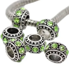 Six (6) Peridot Birthstone Light Green European Bead Compatible for Most European Snake Chain Charm Bracelet
