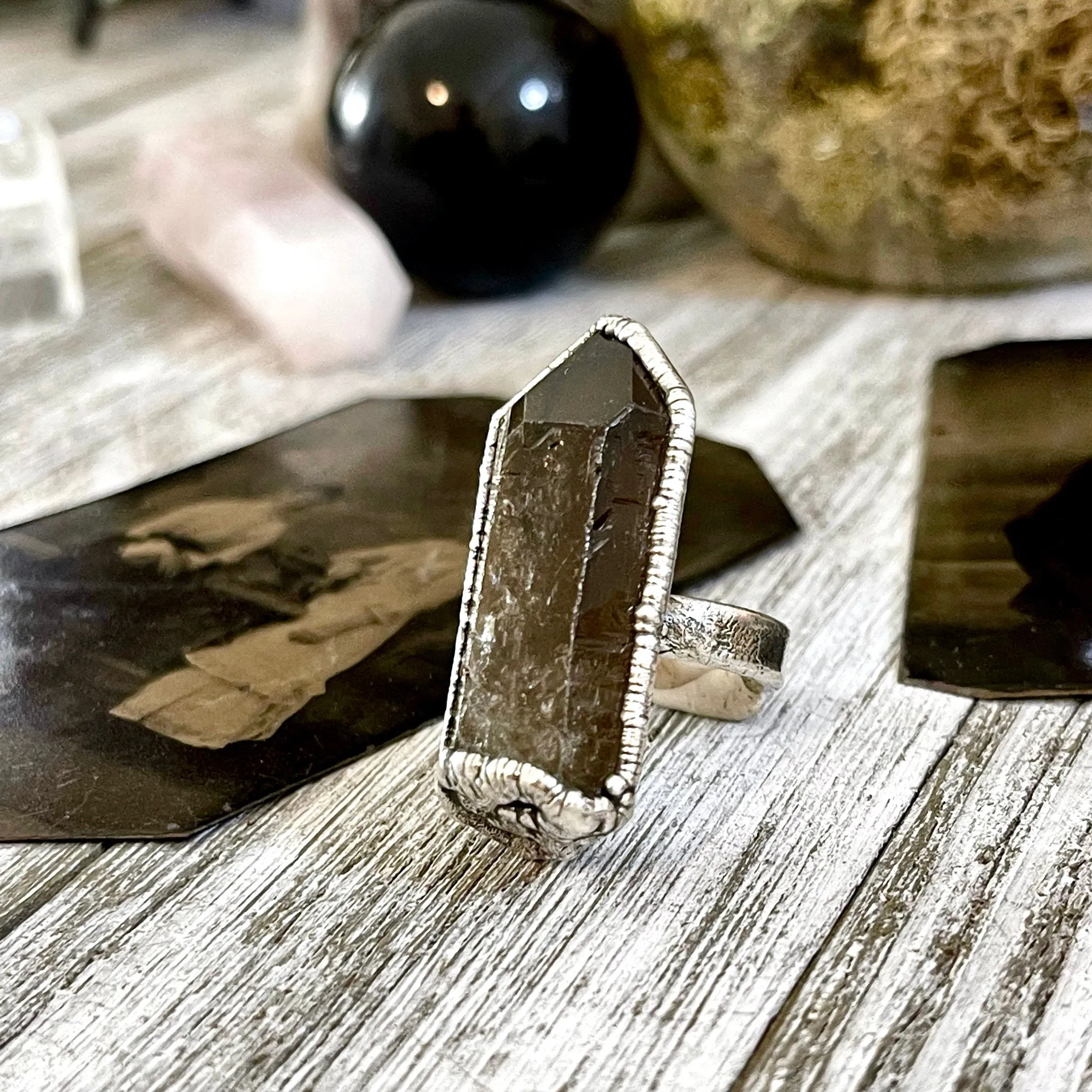 Size 7.5 Raw Smoky Quartz Crystal Cluster Ring Set in Fine Silver / Foxlark Collection - One of a Kind
