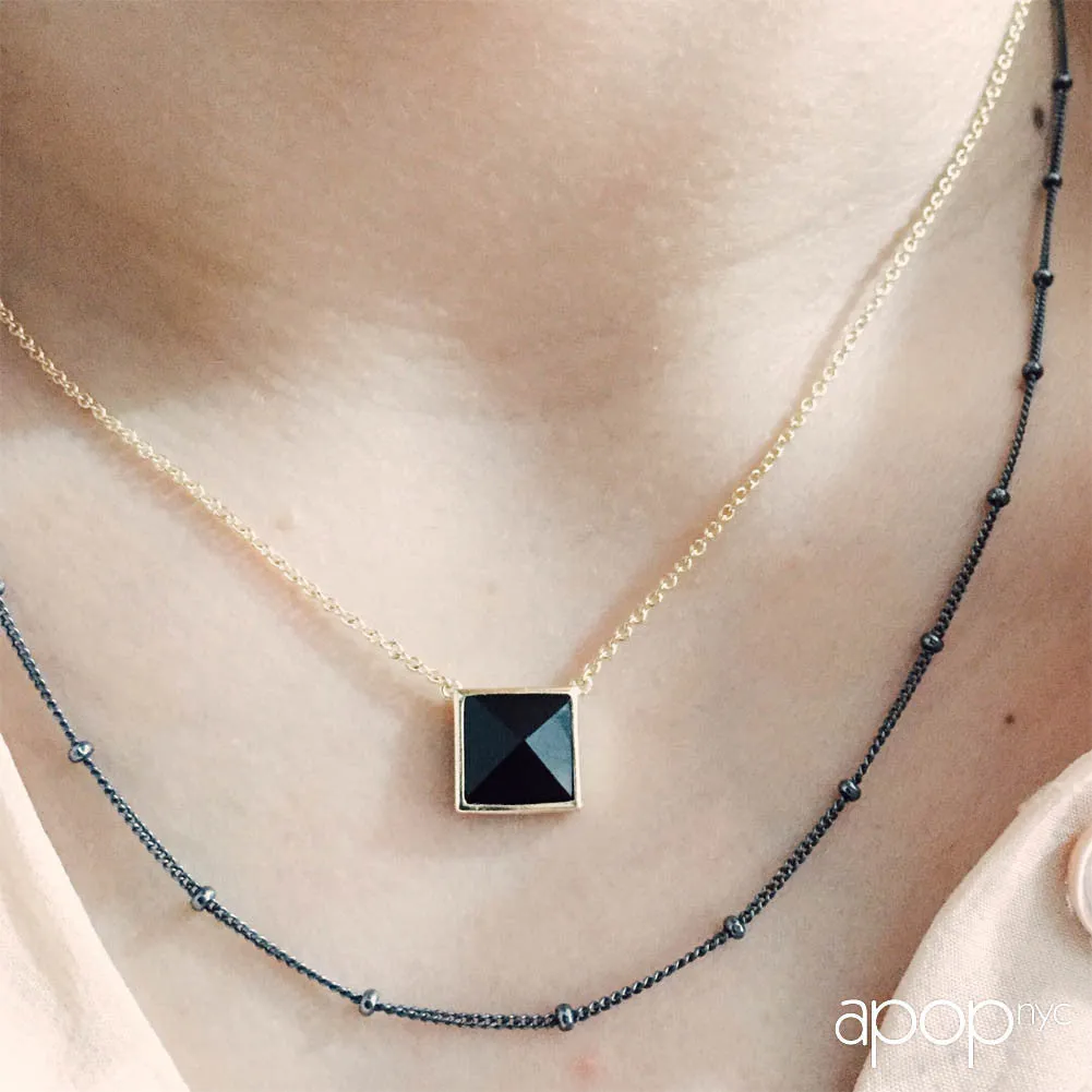 Sterling Silver Jet Black Pyramid Stud Necklace 17 inch