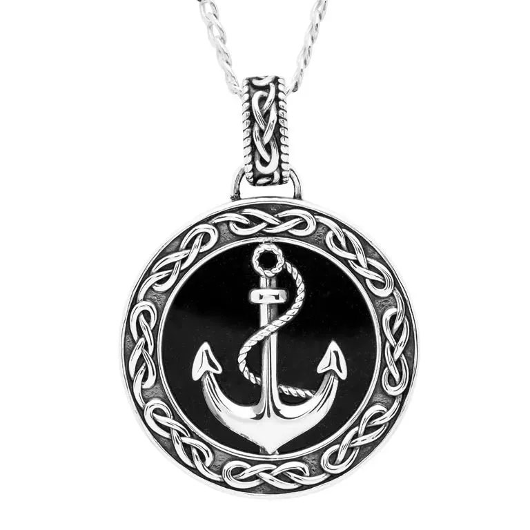 Sterling Silver Men’s Black Onyx Celtic Anchor Necklace