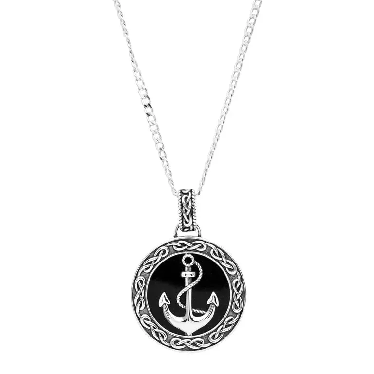 Sterling Silver Men’s Black Onyx Celtic Anchor Necklace