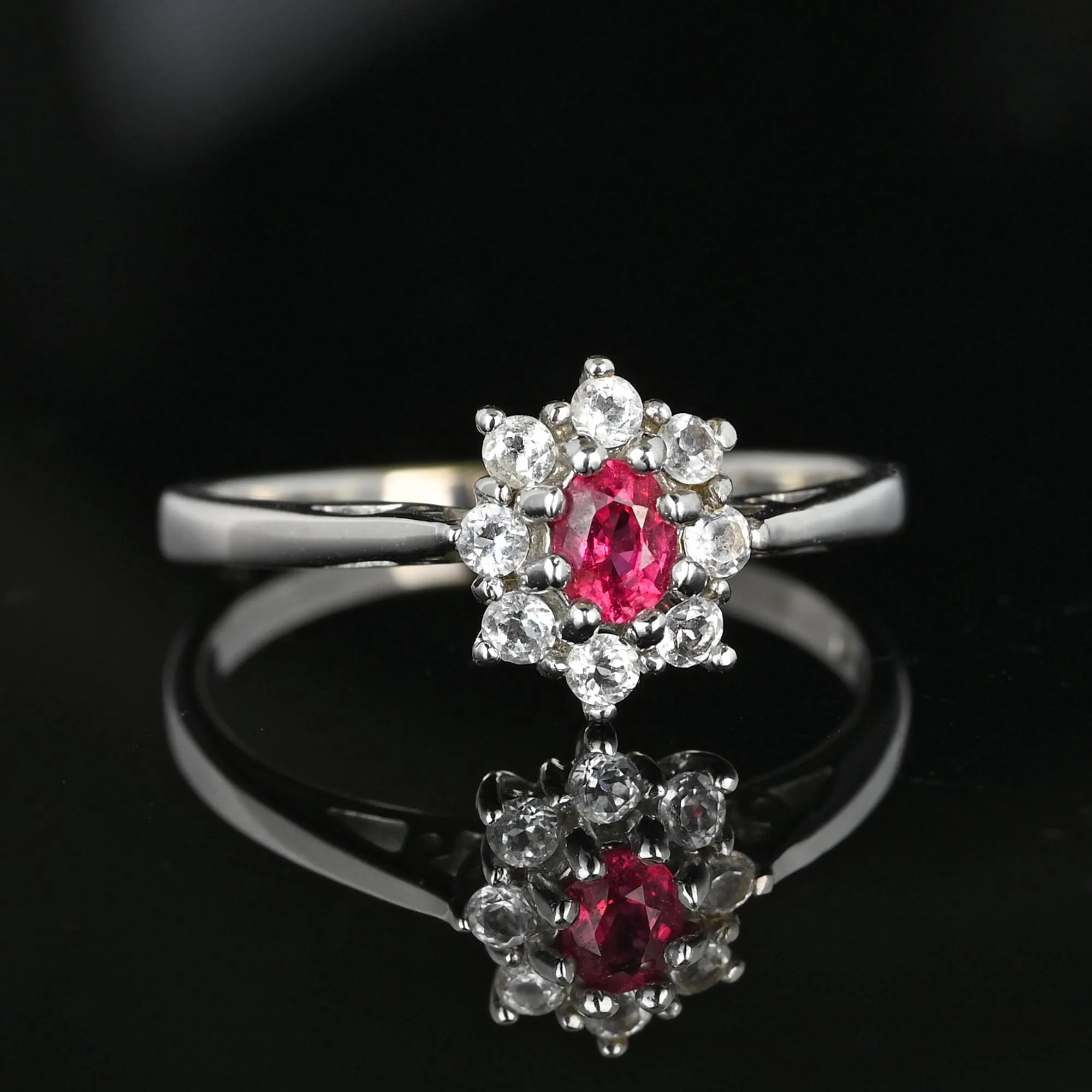 Vintage 14K White Gold Red Spinel Halo Cluster Ring
