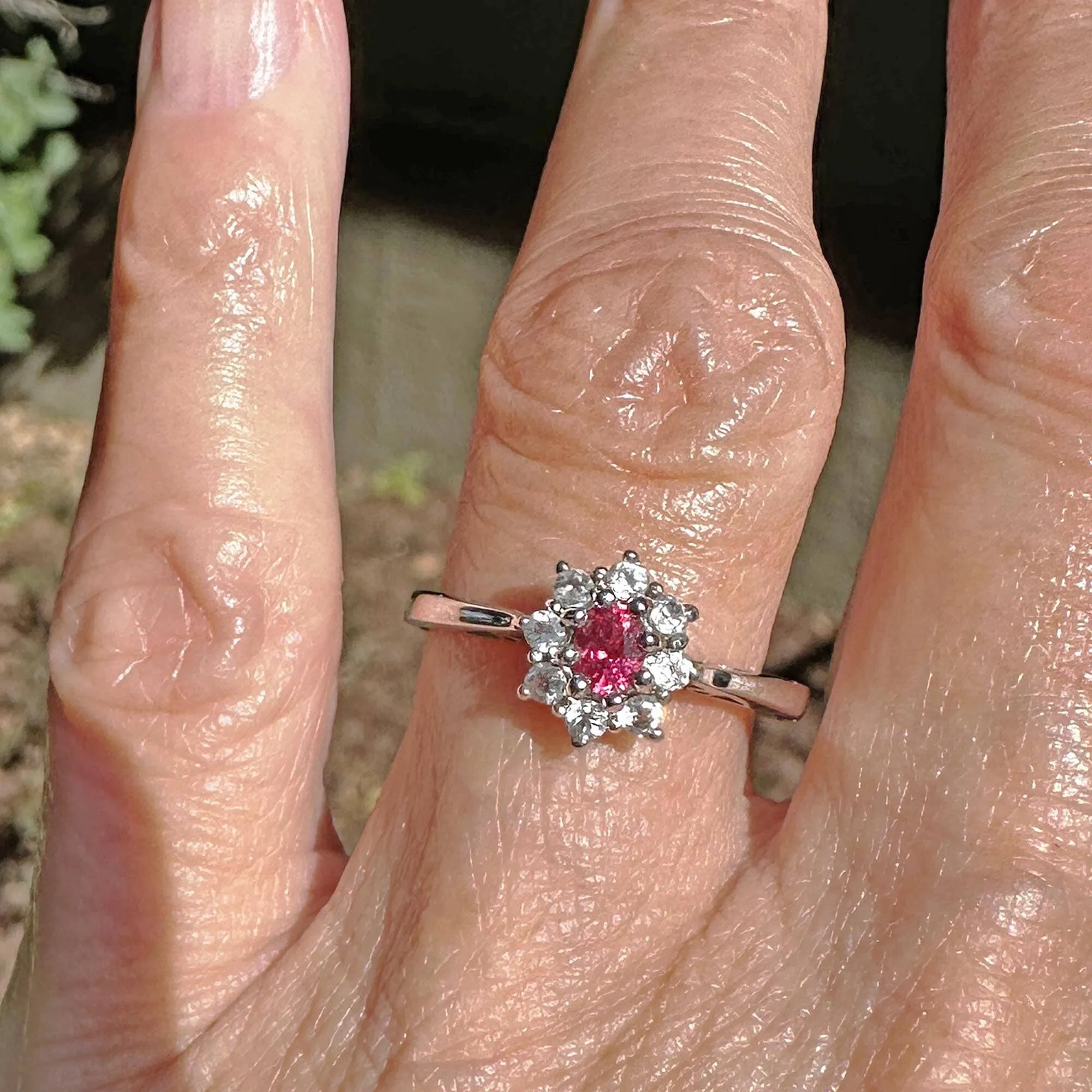 Vintage 14K White Gold Red Spinel Halo Cluster Ring