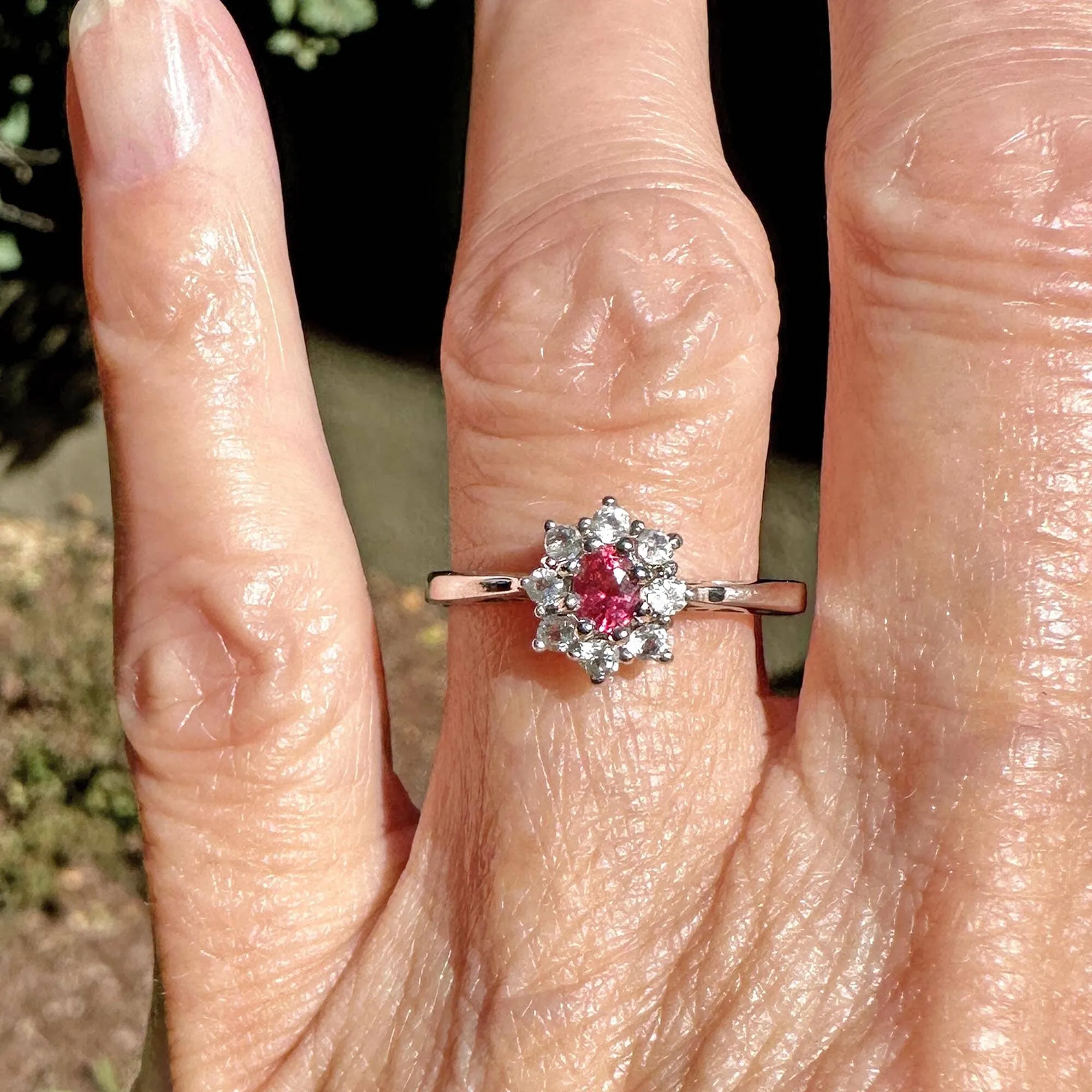Vintage 14K White Gold Red Spinel Halo Cluster Ring