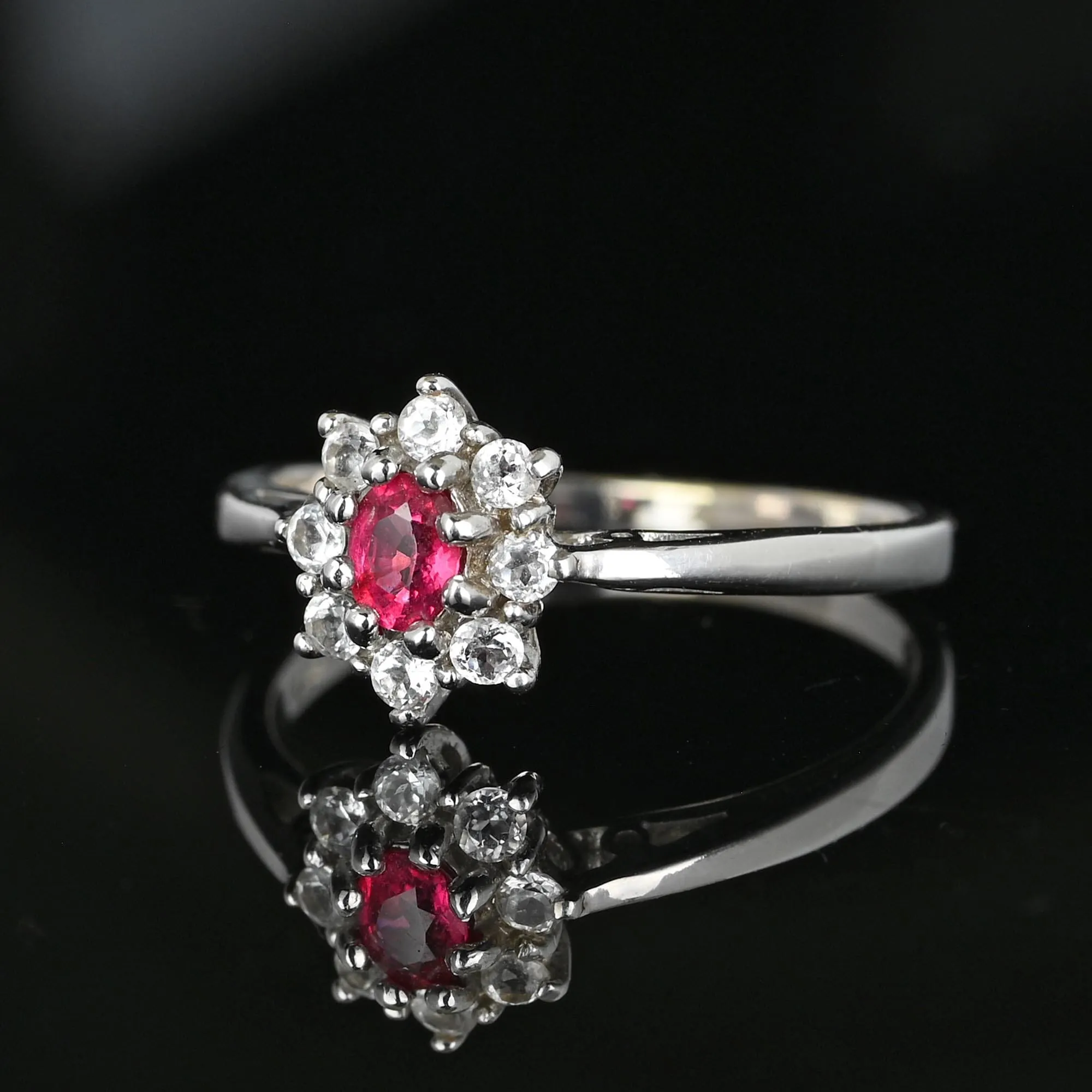 Vintage 14K White Gold Red Spinel Halo Cluster Ring