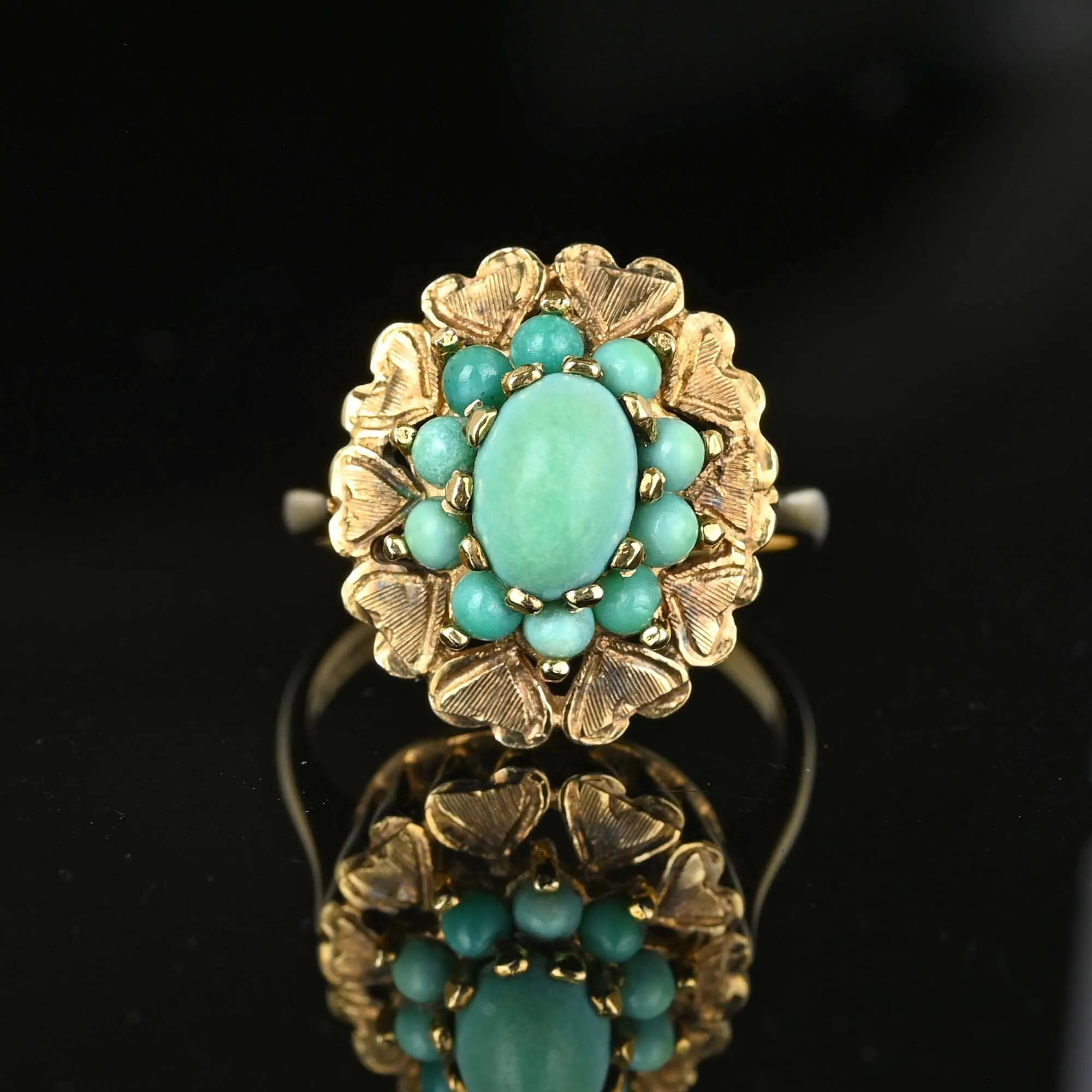 Vintage Gold Engraved Heart Turquoise Cluster Ring