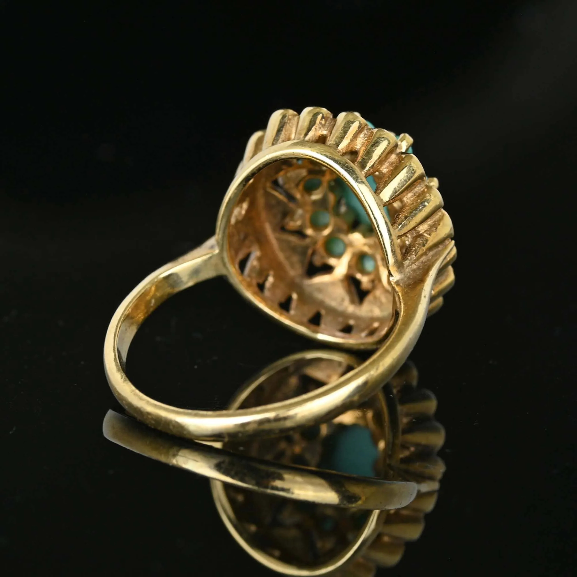 Vintage Gold Engraved Heart Turquoise Cluster Ring