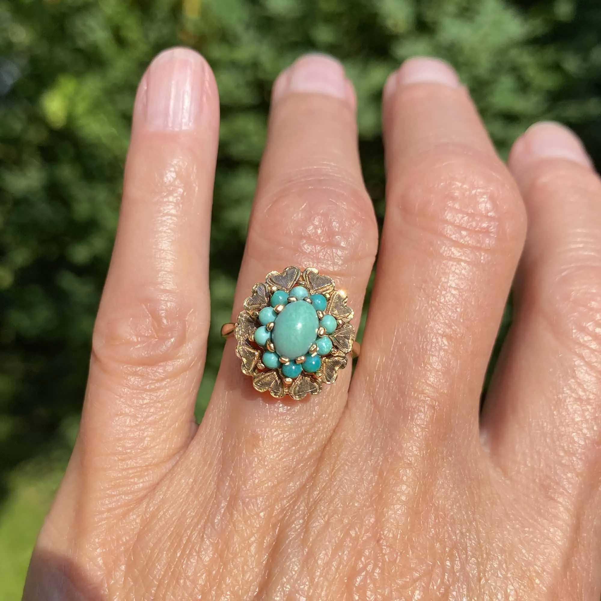 Vintage Gold Engraved Heart Turquoise Cluster Ring