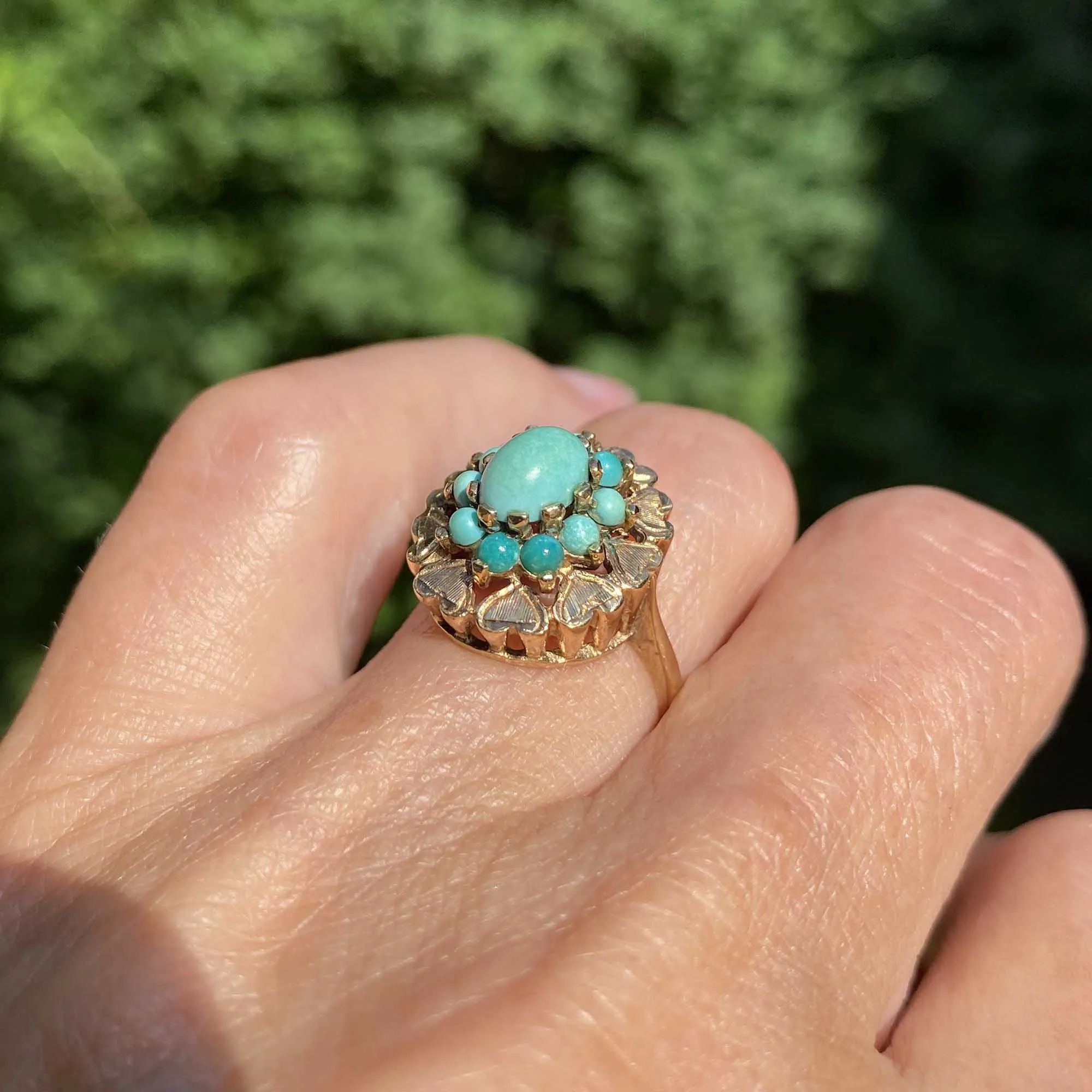 Vintage Gold Engraved Heart Turquoise Cluster Ring