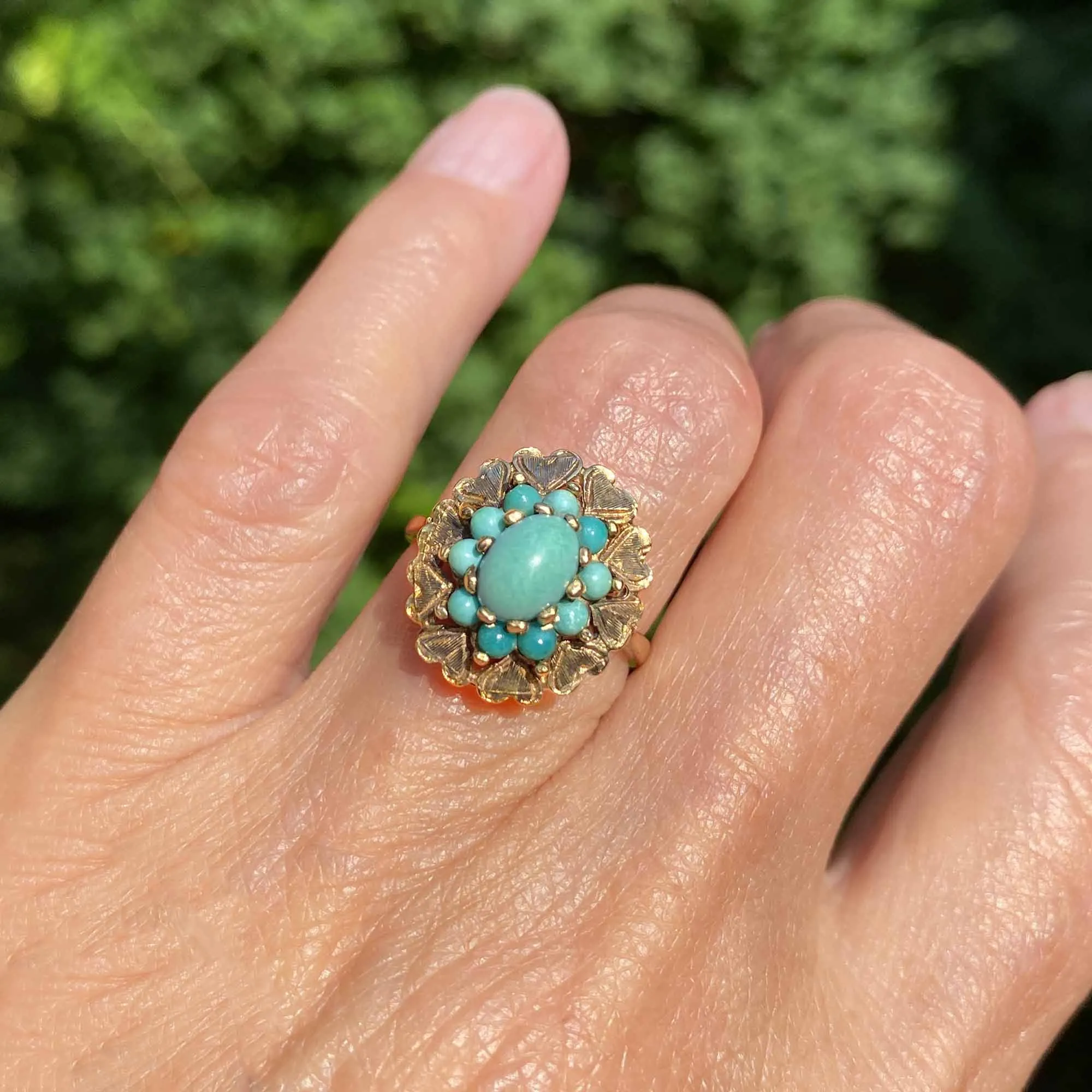 Vintage Gold Engraved Heart Turquoise Cluster Ring