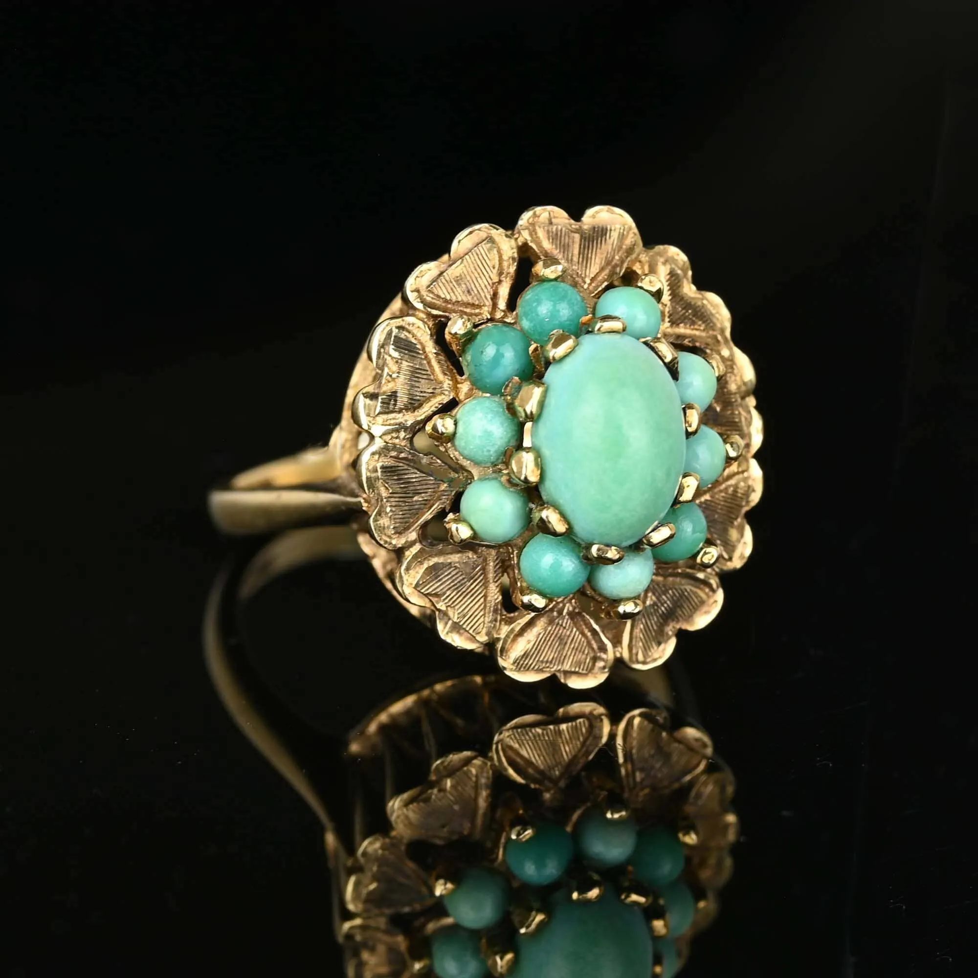 Vintage Gold Engraved Heart Turquoise Cluster Ring