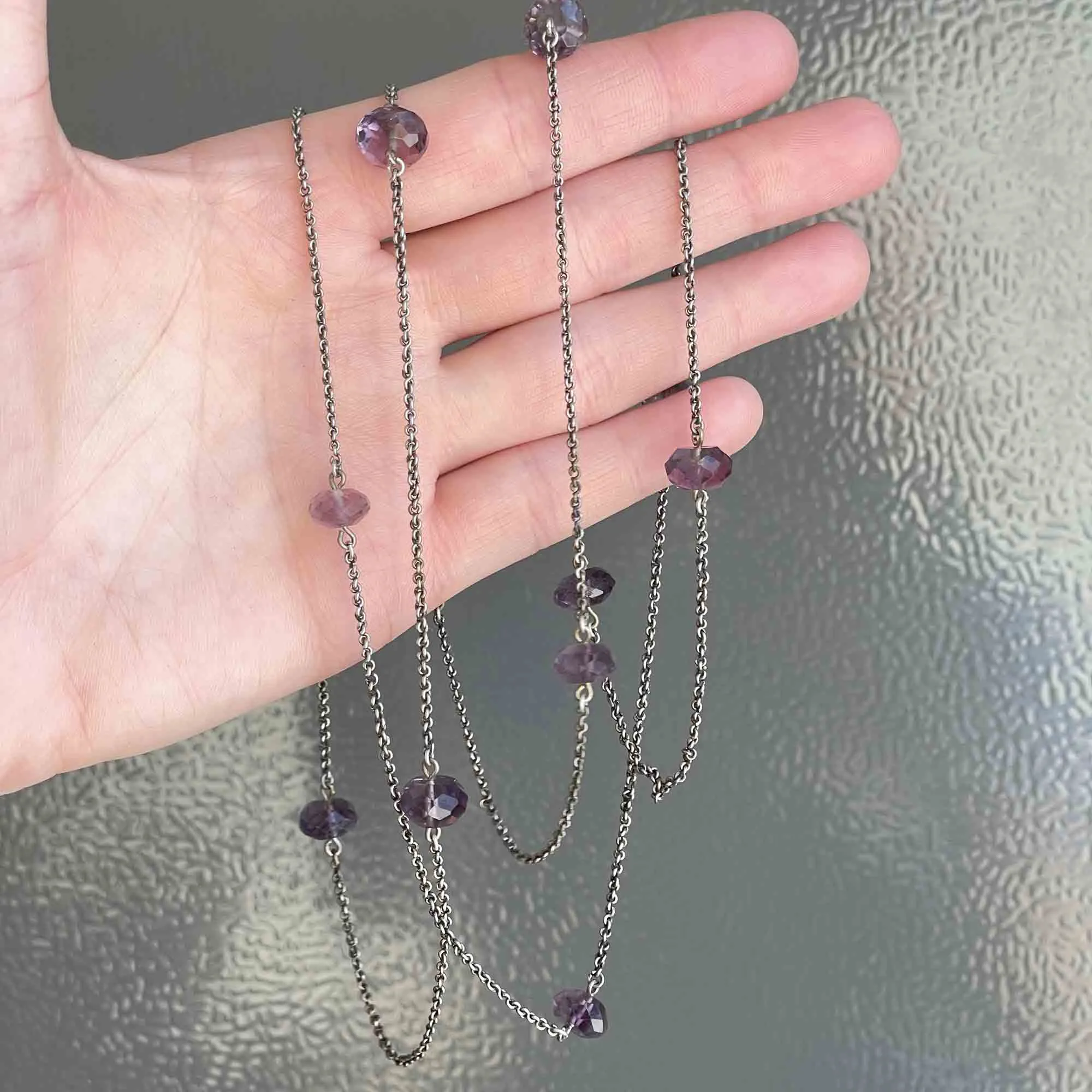 Vintage Silver Amethyst Long Chain Necklace