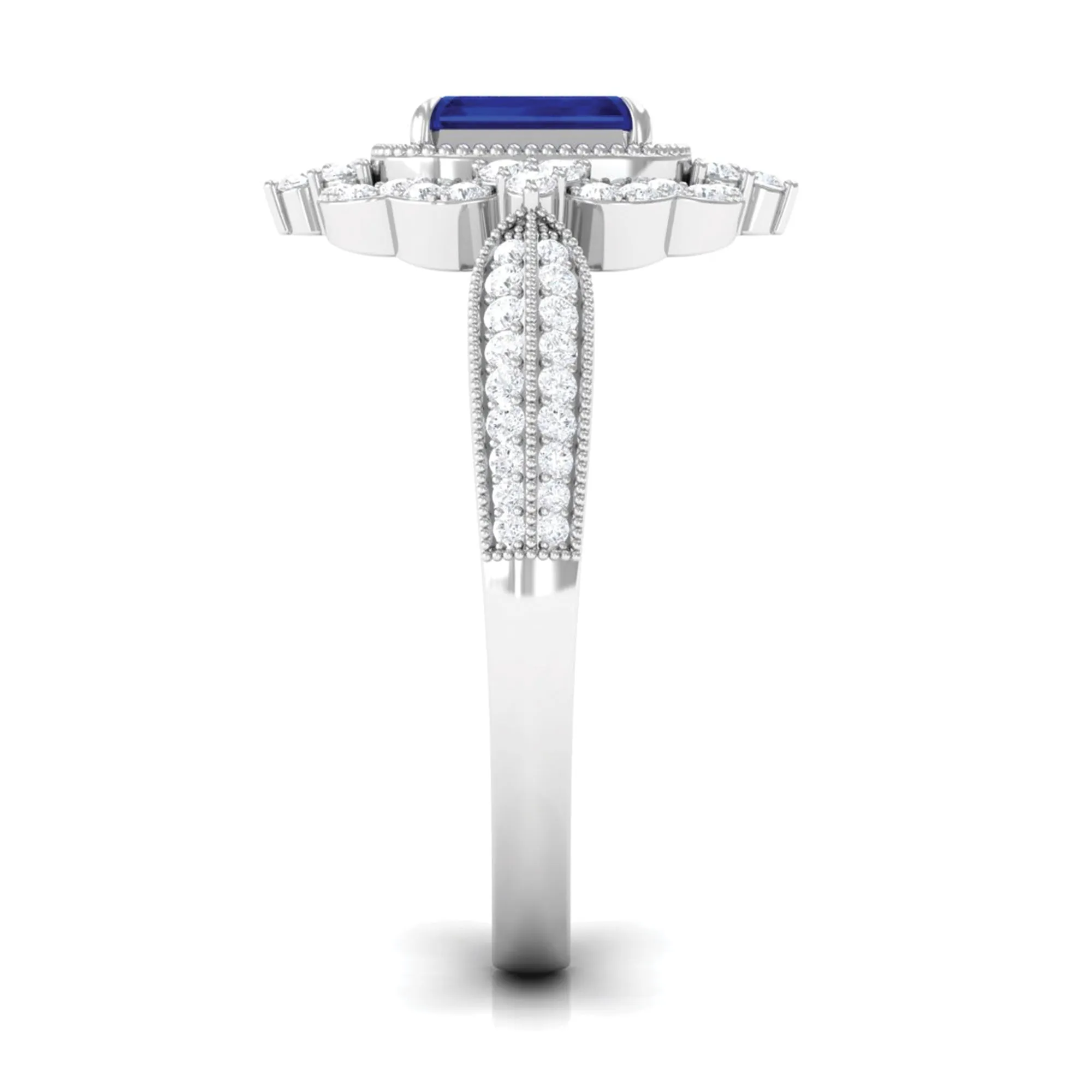 Vintage Style Created Blue Sapphire Engagement Ring with Diamond Floral Halo