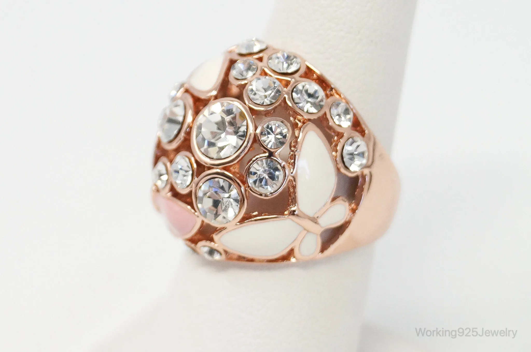 VTG Rose Gold Enamel Crystals & Butterflies Statement Costume Ring Size 7